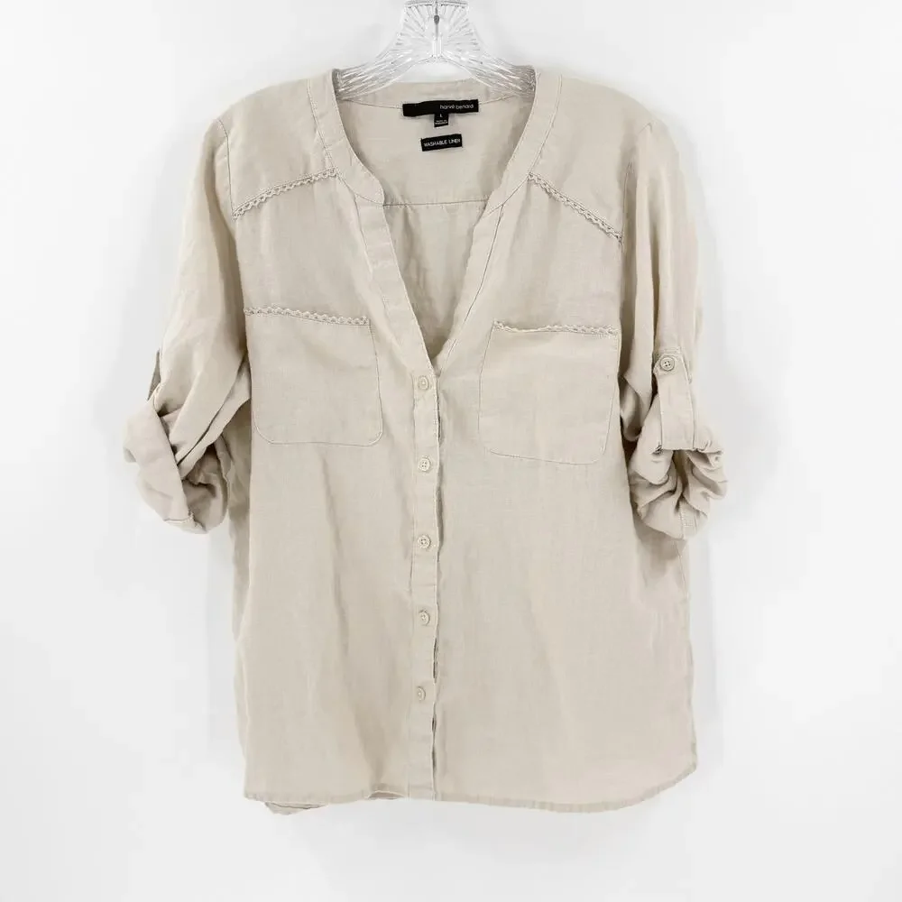 Harve Bernard 100% Linen Blouse Beige Minimalist Button Front Sz L - Picture 2 of 7